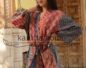 Cotton Bath Robe,100% Cotton Indian Ajrag Patchwork Handmade Kantha Stitch Robe,Cotton Kimono,Beach Robe,Swim Wear,Night Wear Free Size.