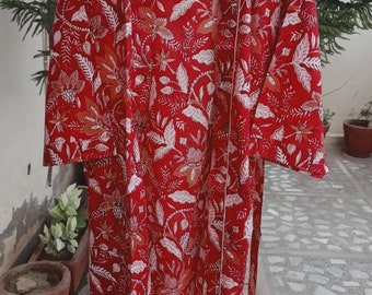 Bath Robe,Pure Cotton Hand Block Flower Print Robe,Cotton Kimono,Swim Wear,Night Wear Dressing Gown Free Size Anokhi Same as picture..