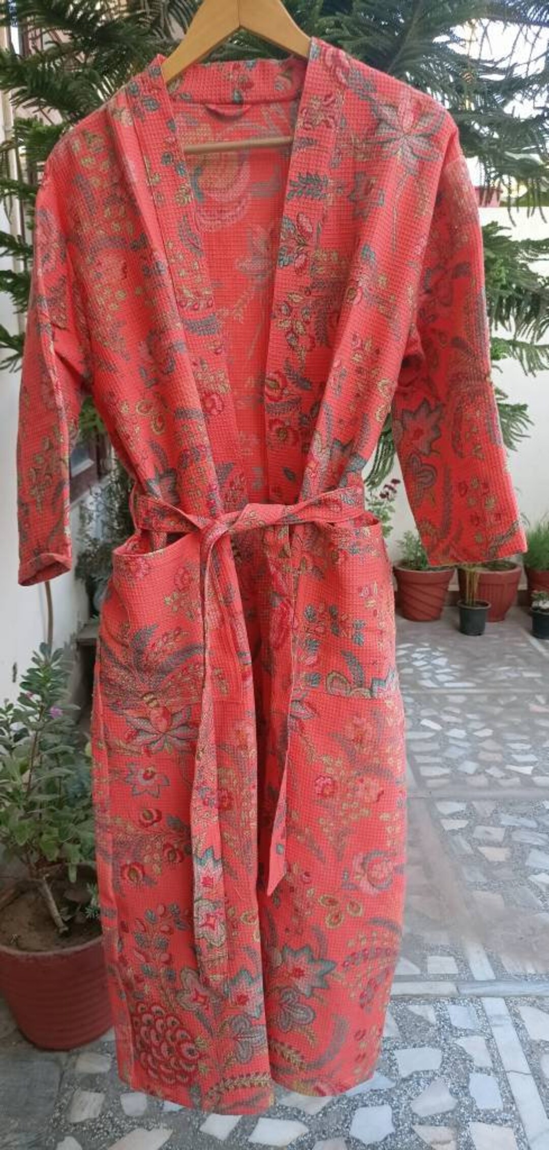 Waffle Bath Robe,100 Cotton Indian Handblock Print Waffle Fabric Robe