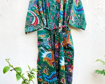 Cotton Dress,Bath Robe,Pure Cotton Hand Block Dragon Print Robe,Cotton Kimono, Robe,Swim Wear,Night Wear,Dressing Gown Free Size,Green Color