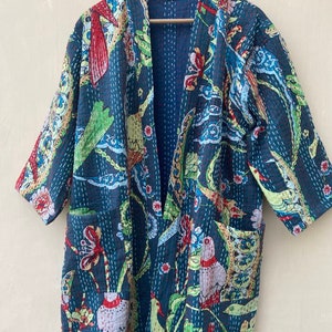 Kantha Bath Robe,100% Cotton Indian Grey Peacock Handmade Kantha Stitch ...