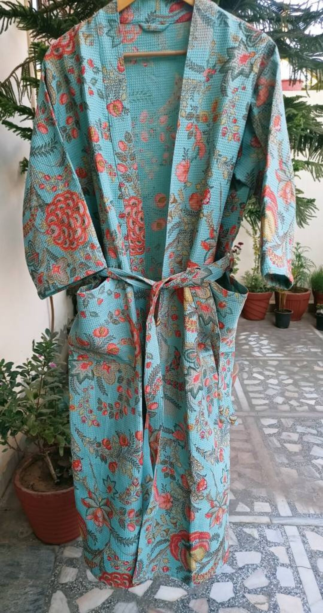 Waffle Bath Robe,100 Cotton Indian Handblock Print Waffle Fabric Robe