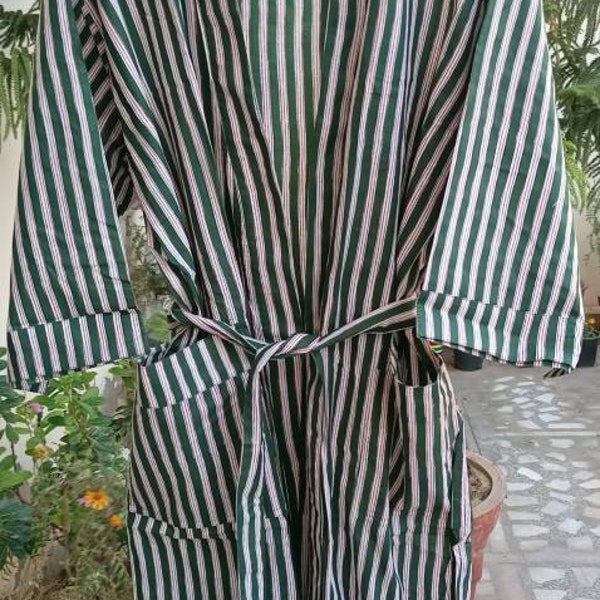 Bath Robe,Cotton Kimono,Indian Hand block print Green Stripe Bath Robe,Night Wear Suit,Swim Wear,Dressing Gown, Same as Picture Unisex Robe.