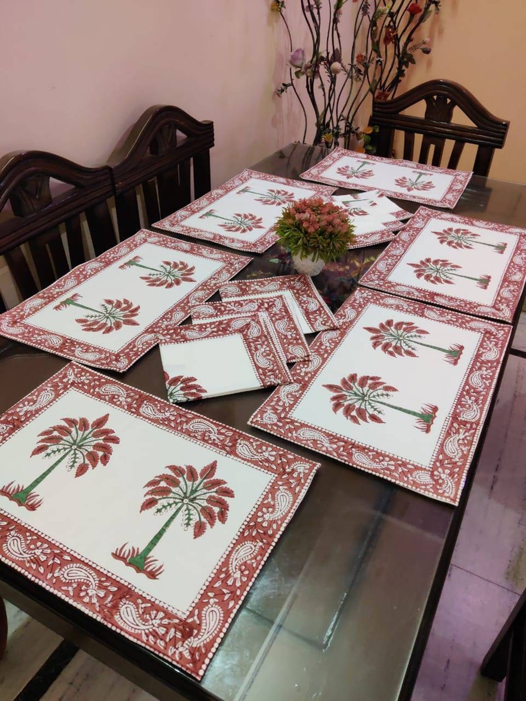 Set of 6 Pieces Cotton Placemat,napkin Handblock Sanganeri Print Canvas