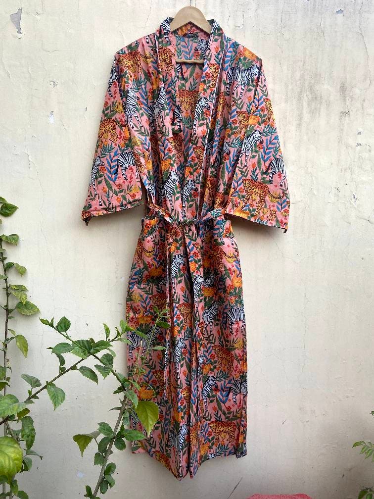 Indian Hand Block Printed Long Kimono Robe Dressing Gown Bathrobe  Lightweight Cotton Robe Wrap Dress Beach Coverup India Kimono Maxi