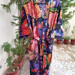 Anthro Bath robe,Cotton Robe,Kimono,Indian Pure Cotton Handblock Print Bath Robe,Night Wear Suit,Dressing Gown Same as picture Unisex Black.