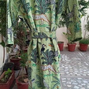 Green Bath Robe,100% Cotton Indian Floral and Forest Handmade Kantha ...