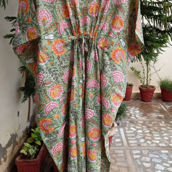 Cotton Kaftan,Pure cotton Indian Hand block Floral Print Kaftan,Night Gown,Cotton Dress,Long kaftan,Maxi, Beach Wea Same as picture.Print 06