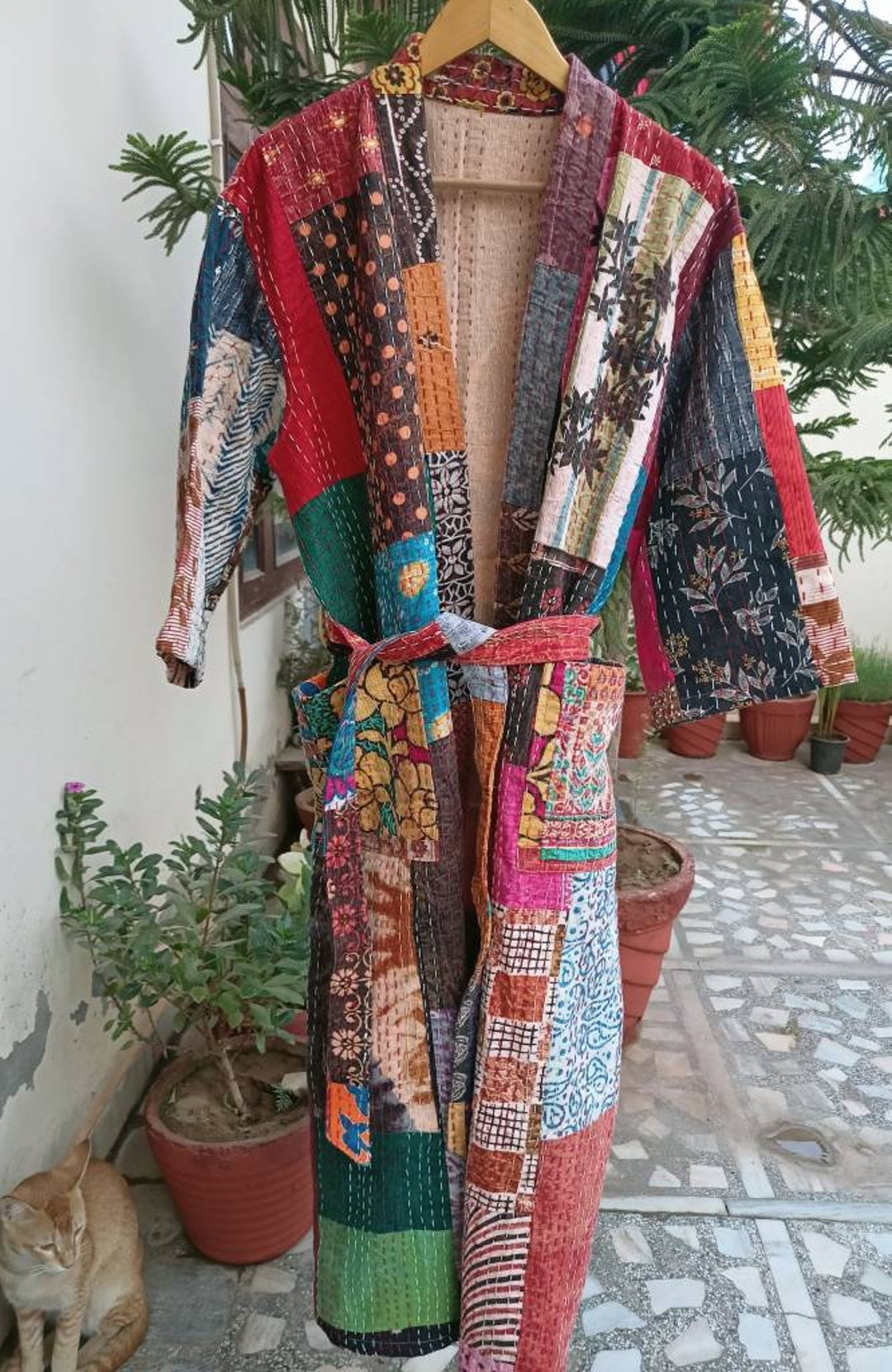 Kantha Robe Handmade Cotton Kantha Stitch Robe: Patchwork Kimono, Free Size - Etsy