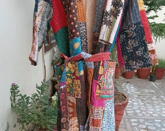 Handmade Cotton Kantha Stitch Robe: Patchwork Kimono, Free Size