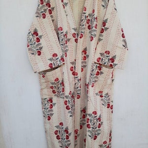 Bath Robe,100% Cotton Indian Handmade Kantha Stitch Mughal Boota Print Robe,Cotton Kimono, Dressing Gown,Swim Wear,Night Gown Free Size.