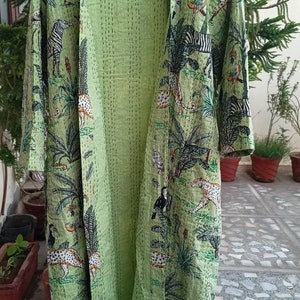 Green Bath Robe,100% Cotton Indian Floral and Forest Handmade Kantha Stitch Robe,Cotton Kimono,Cotton Robe,Swim Wear,Night Wear Free Size.