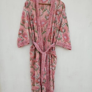 Bath robe Cotton kimono Indian Hand block print Cotton Bath robe Night wear suit Swim wear Dressing gown Colour Same as Picture Light Pink.