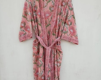 Bath robe Cotton kimono Indian Hand block print Cotton Bath robe Night wear suit Swim wear Dressing gown Colour Same as Picture Light Pink.