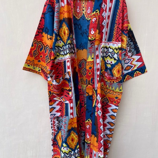 Cotton Bath robe,Cotton Robe,Kimono Indian Dressing Gown,Ikat Print Bath Robe ,Night Wear Suit, Long Kimono Anokhi Style Same as Picture.