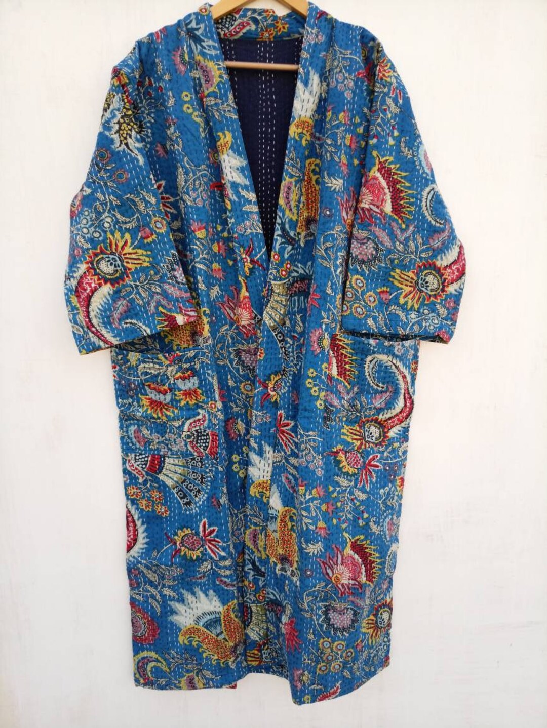 Dragon Print Cotton Robe,100% Cotton Indian Handmade Kantha Stitch Bath ...