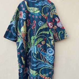 Kantha Bath Robe,100% Cotton Indian Grey Peacock Handmade Kantha Stitch ...