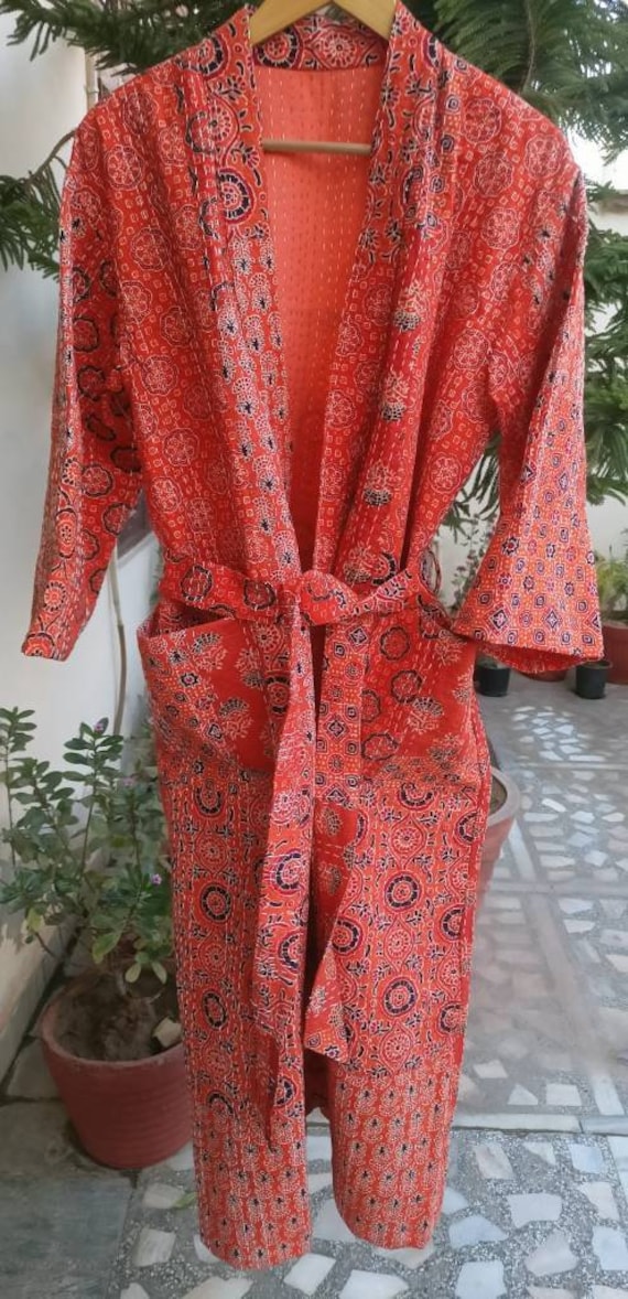 Cotton Robe,100% Cotton Indian Ajrag Patchwork Handmade Kantha Stitch Robe,Cotton Kimono,Bath Robe,Swim Wear,Night Wear Free Same as picture