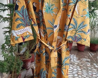 Forest Print Bath robe,Pure Soft Cotton Robe,Kimono Indian Cotton Forest Print Bath Robe ,Night Wear Suit Dressing Gown Same as Picture.