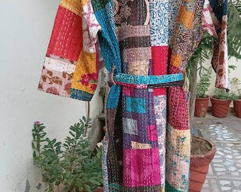 Patchwork Cotton Kimono Robe: Hand-Stitched Kantha Quilt