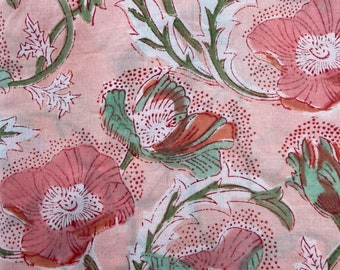 2.5 Yards Cotton Voile Hand Block Print Fabric – Natural Dyes – Sanganer Indian Art – Floral White