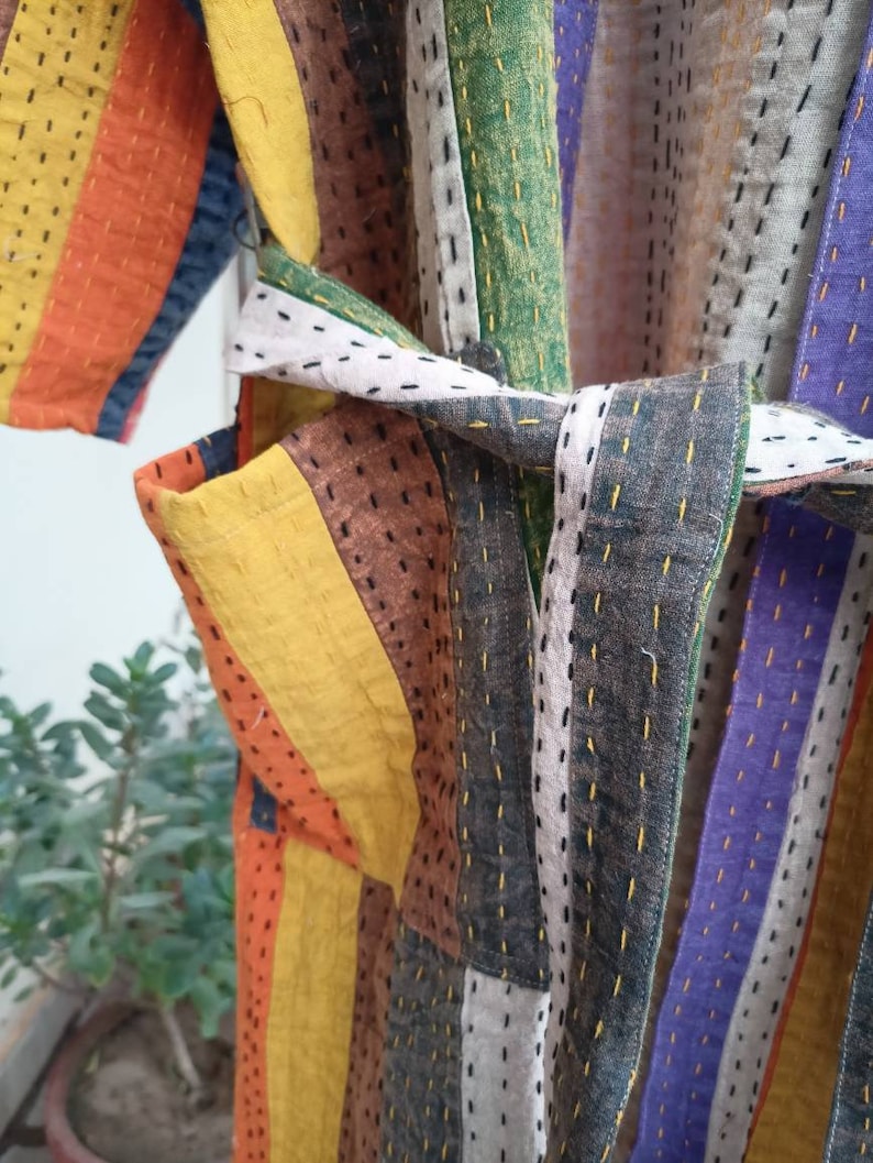 Handmade Cotton Kantha Stitch Robe: Patchwork Kimono, Unisex Free Size ...