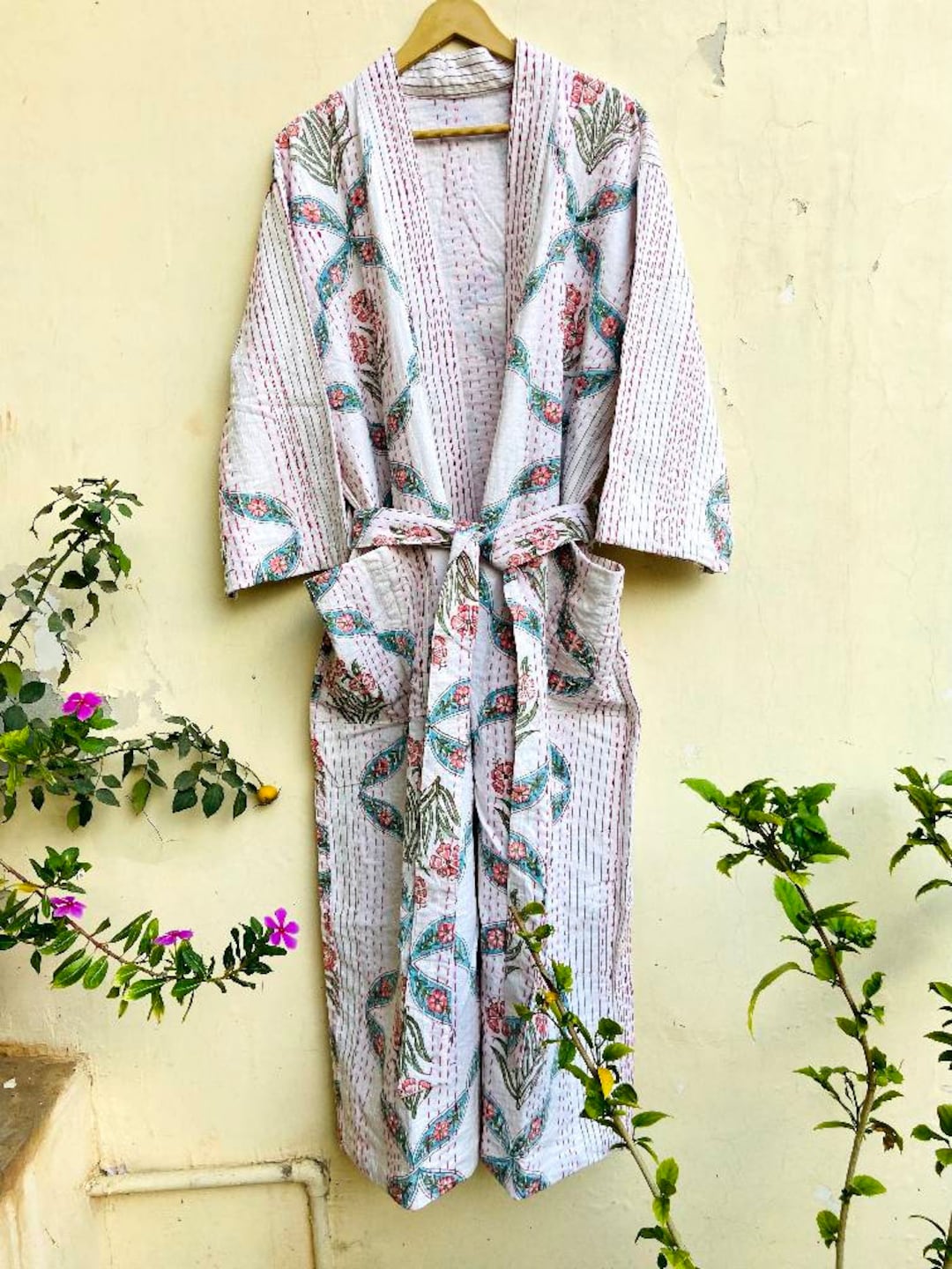 Kantha Stitch Bath Robe,100% Cotton Indian Handblock Handmade Kantha ...