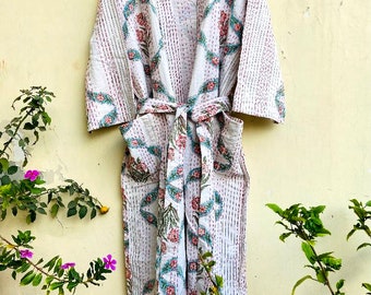 Handmade Kantha Stitch Cotton Robe: Indian Handblock Kimono