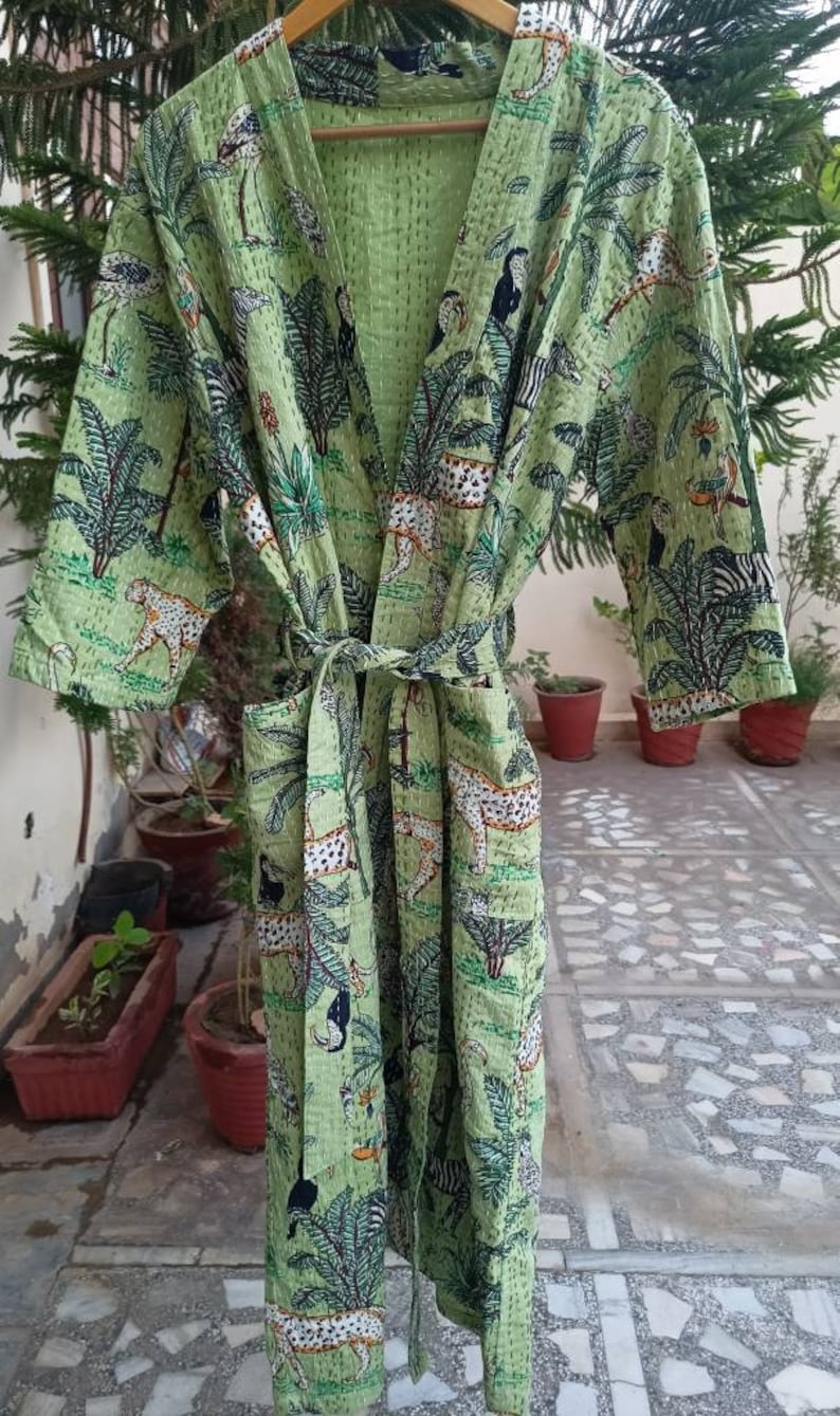 Green Bath Robe100% Cotton Indian Floral and Forest Handmade - Etsy