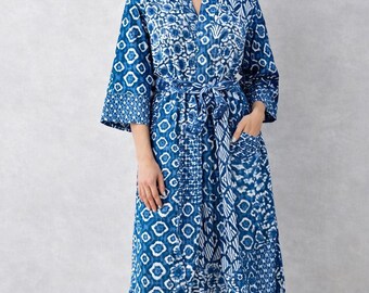 Handmade Cotton Kantha Stitch Robe Patchwork Indigo Robe Indian pure cotton  Kimono soft cotton kimono
