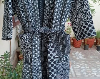 Patchwork Black Bath Robe,100% Cotton Indian Handmade Kantha Stitch Robe,Cotton Kimono, Quilted Robe,Swim Wear,Night Wear Free Size.Unisex