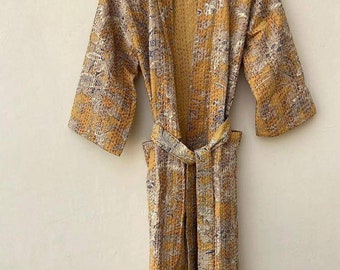 Mustard Floral Cotton Kantha Stitch Robe: Handmade Kimono