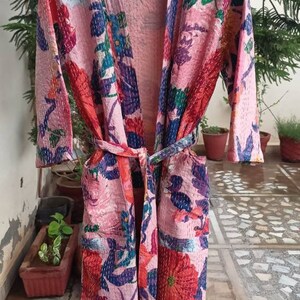 Bath Robe,100% Cotton Indian Handmade Kantha Stitch Anthropology Print Robe,Cotton Kimono, Dressing Gown,Swim Wear,Night Gown Free Size.Pink