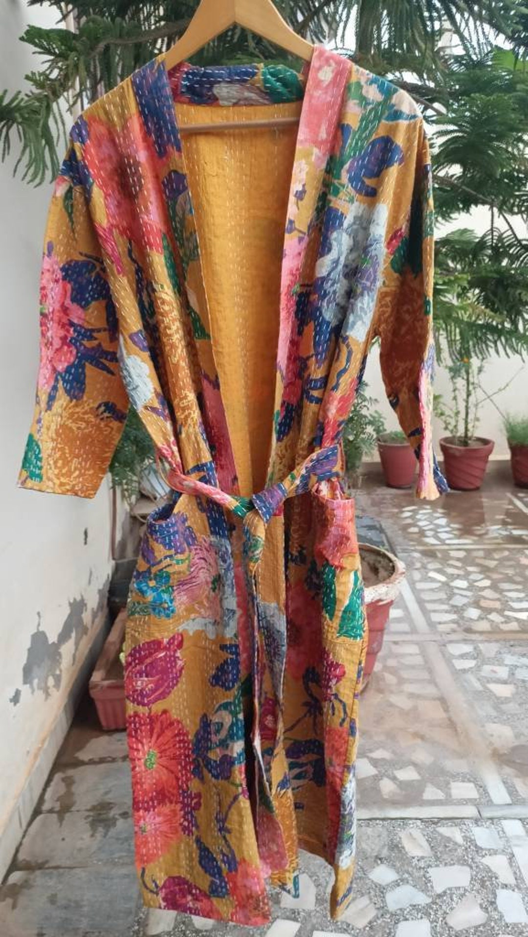 Bath Robe,100% Cotton Indian Handmade Kantha Stitch Anthro Print Robe ...