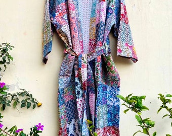 Kantha Robe,Multi Design Patchwork Kantha Stitch Robe,Pure Cotton Indian Handmade Kimono,Long Coat,Swim Wear,Night Wear Gown Free Size