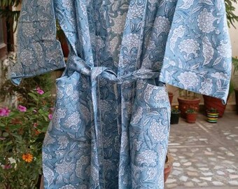 Bath Robe,Pure Cotton Hand Block Print Robe,Kimono,Unisex Robe,Swim Wear,Night Wear Dressing Gown Same as picture Free Size.Unisex,Gown