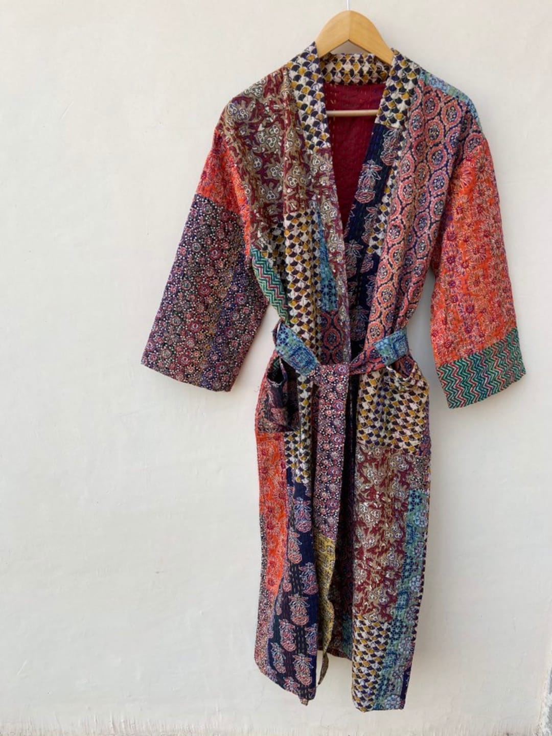 Kantha Robe Handmade Cotton Kantha Stitch Robe: Indian Patchwork Kimono - Etsy