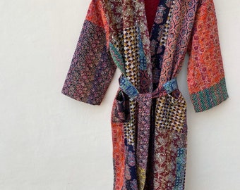 Handmade Cotton Kantha Stitch Robe, Indian Ajrag Patchwork Kimono