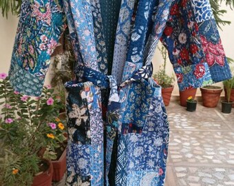 Patchwork Bath Robe, 100% Cotton Indian Pure Cotton Handmade Kantha Stitch Robe,Kimono,Bath Robe,Swim Wear, Dressing Gown Free Size.