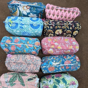 Toilettery Bag, pouch,Indian Cotton Handblock print Toilet Pouch,makeup bag, cosmetic Bag,Quilted Toilettery bag Lot of 5 Assorted