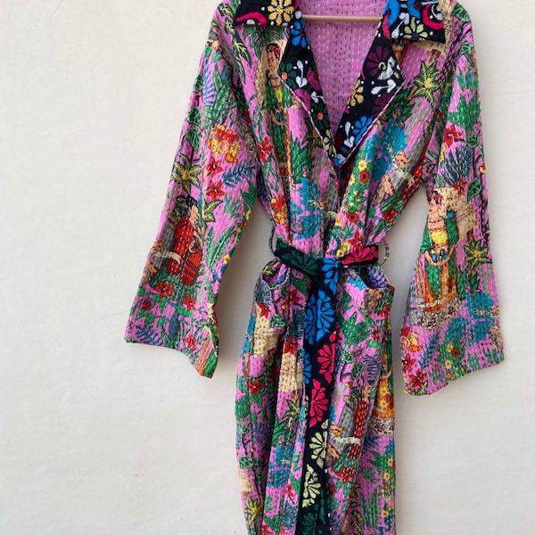 Peignoir de bain, 100% coton indien Frida Kahlo Robe faite à la main Kantha Stitch broderie Robe, coton Kimono, peignoir, maillot de bain, nuit porter taille libre.