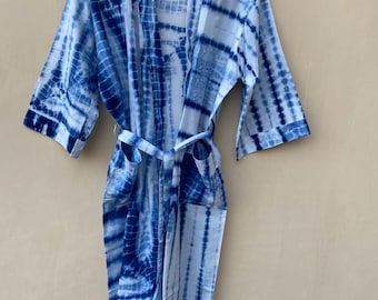 Hand Block Printed Cotton Robe: Indigo Tie Dye Kimono