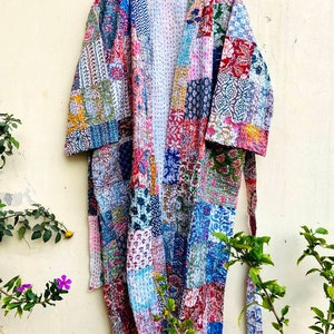 Patchwork Kantha Robe,Multi Patch Kantha Kimono,Cotton Indian Handmade Kimono,Long Coat,Swim Wear,Night Wear,Gown Free Size Multi Patches