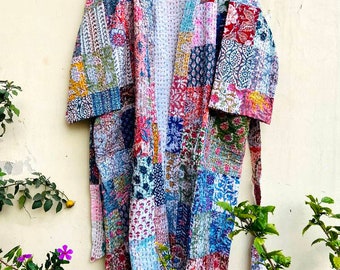 Patchwork Kantha Robe,Multi Patch Kantha Kimono,Cotton Indian Handmade Kimono,Long Coat,Swim Wear,Night Wear,Gown Free Size Multi Patches