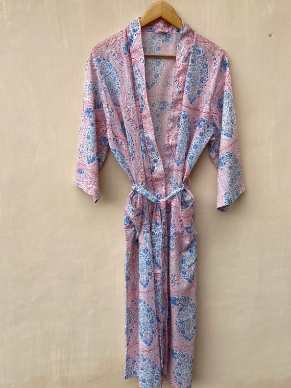 Cotton Bath Robe: Hand Block Paisley Print Kimono - Free Size
