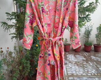 Bird print Peacock Bohemian Bath Robe,Pure Cotton  Robe,Cotton Kimono,Anokhi Swim Wear,Night Wear Dressing Gown With Belt Free Size,Unisex.