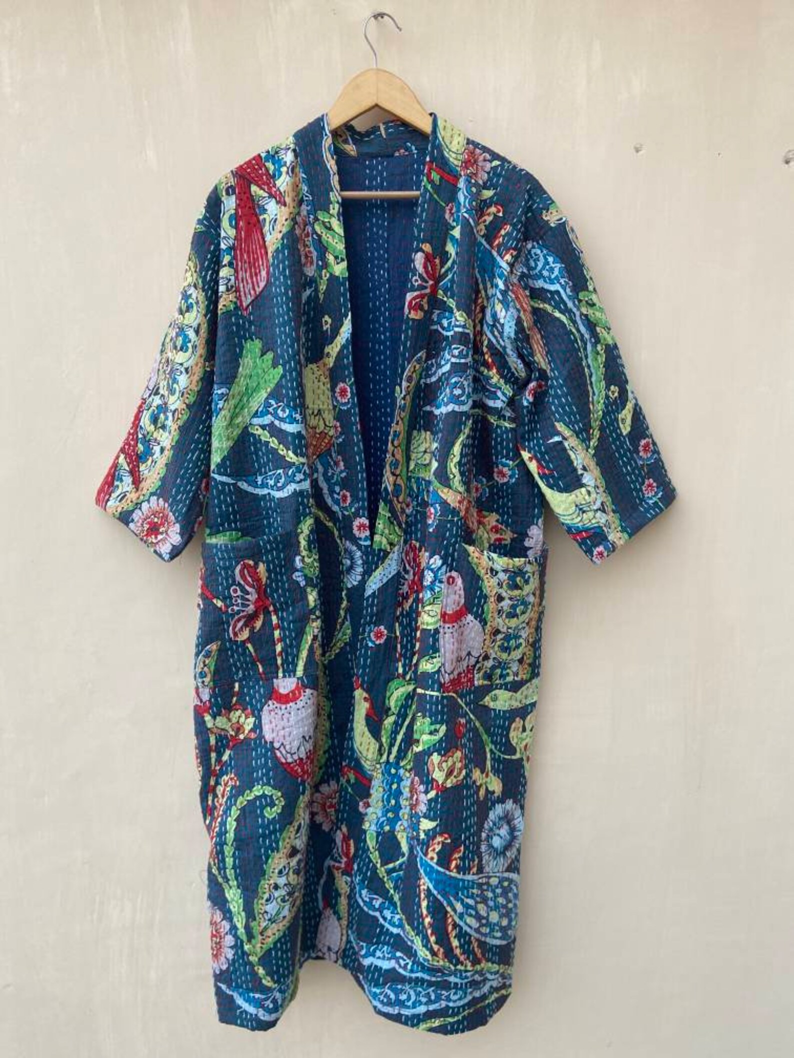 Kantha Bath Robe100% Cotton Indian Grey Peacock Handmade - Etsy
