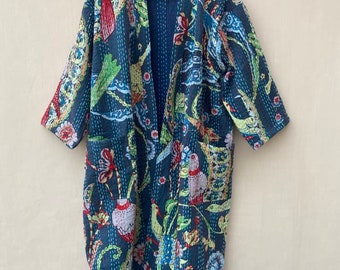 Kantha Bath Robe,100% Cotton Indian Grey peacock Handmade Kantha Stitch Robe,Cotton Kimono,Bath Robe,Swim Wear,Night Wear Free Size Unisex.