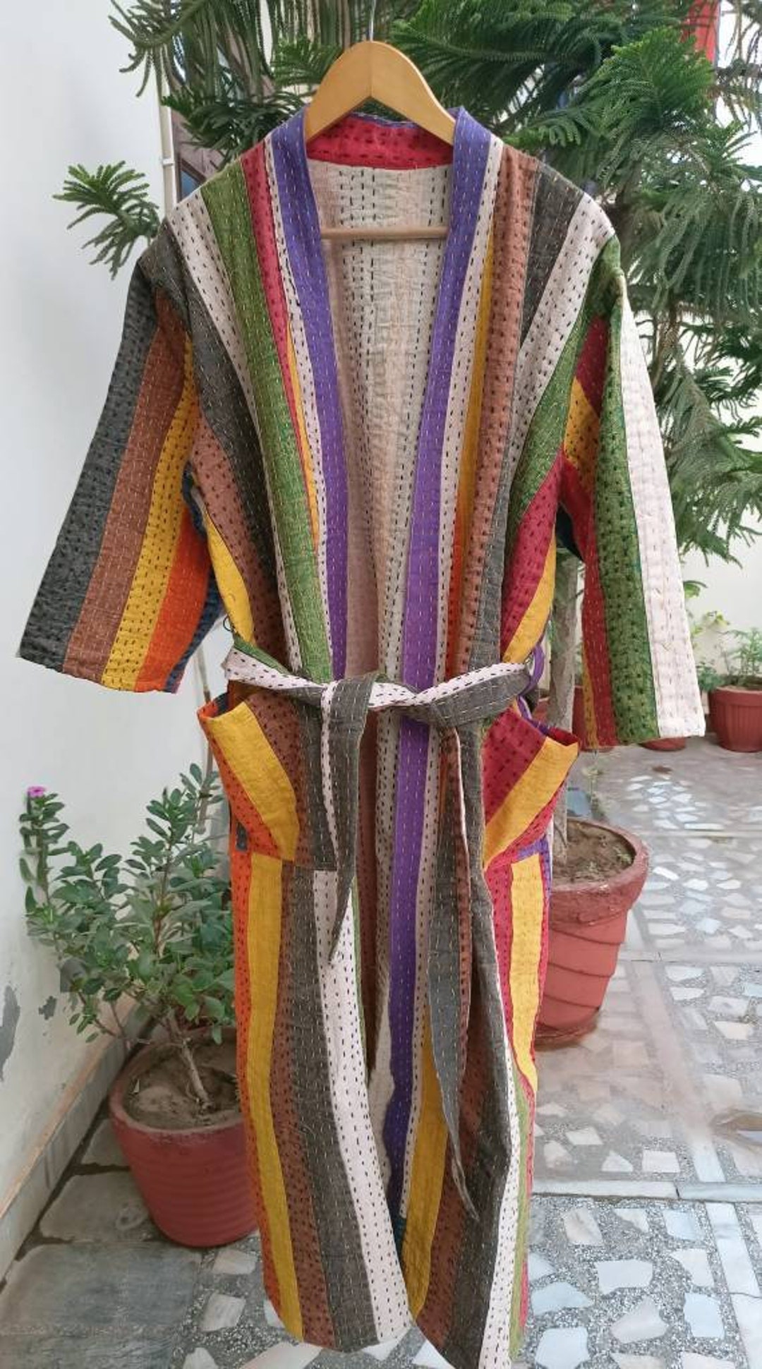 Handmade Cotton Kantha Stitch Robe: Patchwork Kimono, Unisex Free Size ...