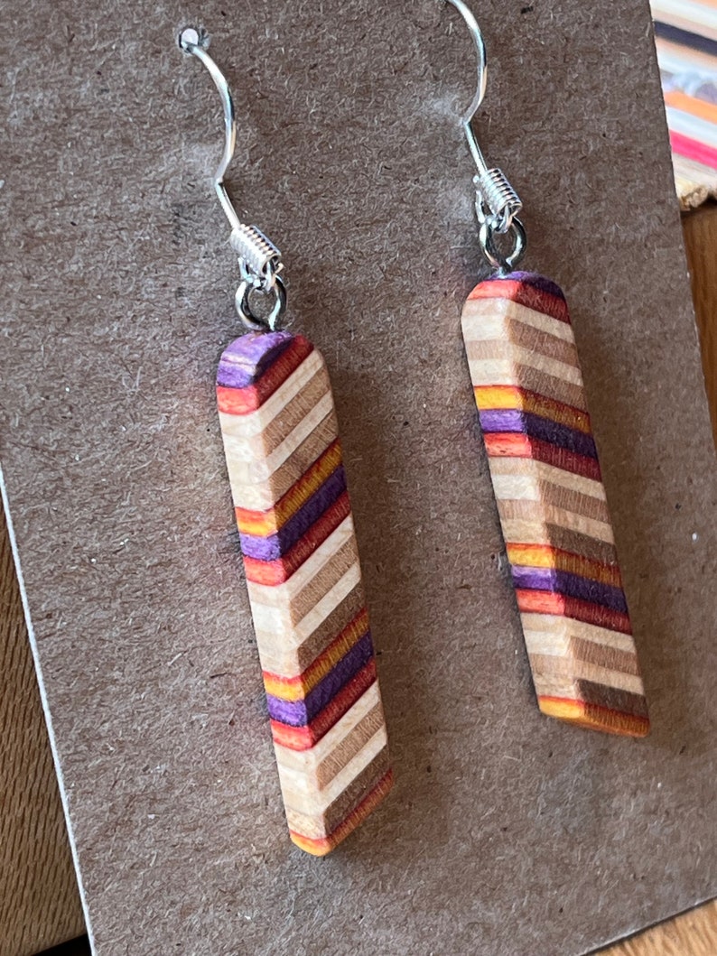 Recycled Skateboard Dangle Earring 1.purple,red,or